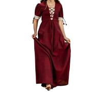 Leonardo Robe de Femme médiévale LYSA à Manches Courtes avec laçage en Coton Rouge Beige - XXL