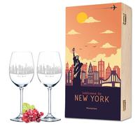 Leonardo Verres à vin avec gravure Skyline New York en kit avec boîte en bois imprimée Cadeau de vin - Souvenir et souvenir - Cadeau d'anniversaire pour elle et lui