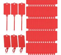 LeonBach Lot de 100 étiquettes d'expédition en plastique, 3,7 x 6,3 cm, étiquettes imperméables inscriptibles à suspendre avec sangle d'étanchéité, étiquettes d'attache de câble pour clés, bagages,