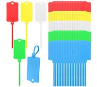 LeonBach Lot de 100 étiquettes d'expédition en plastique, 3,7 x 6,3 cm, étiquettes imperméables inscriptibles avec sangle d'étanchéité, étiquettes d'attache de câble pour clés, bagages, logistique,