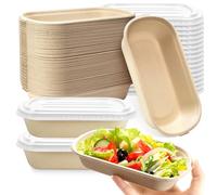 LeonBach Lot de 50 récipients alimentaires jetables avec couvercle, 500 ml en papier bagasse compostable pour emporter des repas jetables en carton pour la préparation des repas, bols de service pour