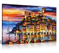 Leonid Afremovღ Peinture à l'huile abstraite Art mural Décoration de la maison, City By the Lake, 46x31 cm (18x12in)