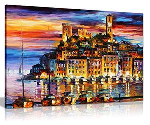 Leonid Afremovღ Peinture à l'huile abstraite Art mural Décoration de la maison, City By the Lake, 46x31 cm (18x12in)