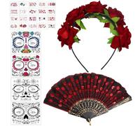 Leonshco Dia De Los Muertos Serre-tête avec fleurs, costume du jour des morts avec tatouage du visage en dentelle, éventail à main pour carnaval, cosplay, fête costumée