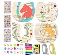 Leonshco Lot de 24 fers à cheval pour anniversaire d'enfant en bois, chevaux en bois, disques en bois en fer à cheval en forme de fer à cheval, 3 autocollants à paillettes, 2 rubans pailletés