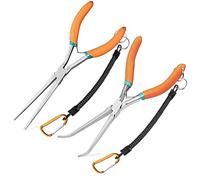 LEONTOOL Lot de 2 pinces à becs longs extra courbés et droites pour la fabrication de bijoux, décapsuleur de hameçon avec mâchoire dentelée, cordon de serrage pour espaces étroits difficiles d’accès