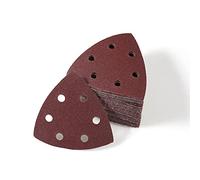 LEONTOOL Lot de 50 patins de ponçage triangulaires de 8,9 cm, disques de ponçage à 6 trous, grain 120, feuilles de ponçage pour bois et métal