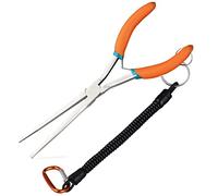 LEONTOOL Pince à bec aiguille extra longue pour la fabrication de bijoux - 17,8 cm - Pince à bec droit avec mâchoire dentelée - Outil de retrait d'hameçons avec cordon