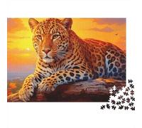 Léopard au Coucher de Soleil 1000 pièces Puzzle pour Adultes Léopard Sauvage se reposant sur Un Rocher au Coucher de Soleil Premium Robuste soulagement du Stress Cadeau Familial 52x38cm/1000pcs