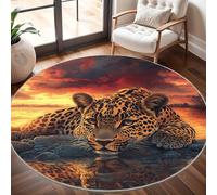 LéOpard Doré Animal Tapis Rond 80 cm Intérieur & Extérieur Doux Antidérapant Lavable en Machine, Coucher de Soleil Rouge Tapis Décoratif de Style Moderne pour Salon Chambre Salle à Manger