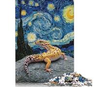 Leopard Gecko on Rock, Starry Night Puzzles 1000 Pièces Cadeau Unique Jeu Éducatif Challenge Toy À De Qualité Supérieure Peinture Art pour Adultes Et Enfants 500pcs (52x38cm)