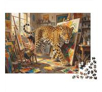Leopard in Art Studio Puzzles pour Personnes Âgées 1000 Pièce Recyclable Magical Realism Puzzles Puzzle Game Props Impossible Difficile Stimulant Activité 38x26cm/1000pcs