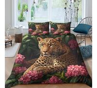 Leopard in Jungle Linge de Lit Microfibre Hypoallergique 3 Pièces 3D Effet Douce Wild Animal Art Style Ensemble De Literie avec Fermeture Éclair Résistante for Chambre Enfants Single（135x200cm）