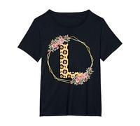 Léopard Lettre L Initiale Fleur Monogramme Femme Fille T-Shirt, Femme Grandes Tailles, Noir, 6X