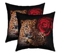 Leopard Lot De 2 Housse de Coussin Guépard Rose Fleurs Imprimer Taie d'oreiller 60x60cm Cases Taie Oreiller Wild Animaux Botanique Fleurss Modèle Rouge Brun Housse Coussin Pour Canapé Extérieur