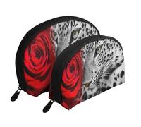 Léopard Rose Rouge, Trousse de Maquillage Coquille Femme Petit Porte-Monnaie Trousse de Toilette Trousse à cosmétiques 2 pièces