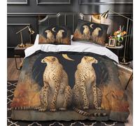 Leopards Sitting Back to Back with The Crescent Moon in The Middle Parure De Lit Housse De Couette en Microfibre + Taies D'oreillers, 3D Imprimé De Sets De, pour Filles Garçon Super King（260x220cm）