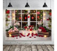 Leowefowa Toile de fond de Saint-Valentin en vinyle rouge avec cœur et roses - 3,7 x 3 m - Décoration romantique - Brique blanche - Pour Saint-Valentin, fête de couple, anniversaire de mariage