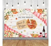 Leowefowa Toile de fond en vinyle avec inscription « You Need is Love and Pizza » - 4,6 x 3 m - Motif floral - Pour couple - Décoration de fête de mariage - Bannière en bois - Accessoires photo