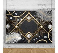 Leowefowa Toile de fond en vinyle de luxe des années 1920 - 4 x 1,8 m - Noir et doré - Pour photographie - Avec plumes et perles - Décoration de mariage, fête d'anniversaire, danse, bal masqué