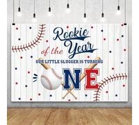 Leowefowa Toile de fond en vinyle pour 1er anniversaire de baseball pour photographie 3,7 x 2,4 m Motif pieds Rookie of The Year Bleu/rouge Planche en bois Slugger is Turning One Boys Bday Party