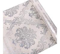 Lependor Papier Peint Autocollant Damassé, Décoller Auto-adhésif Papiers Peints Facilement Rouleau de Doublure de tiroir pour étagère de Papier Peint imprimé Amovible - 0.45 x 3 m, Argent Damassé