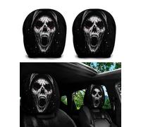 LEPJOS Housse Appuie-Tête Voiture 2 Pcs, Masque Fantôme Halloween Noir & Blanc, Élastique Imprimé Recto-Verso, Montage Universel Sécurisé, Déco Intérieure Festive Anti-Dérapage