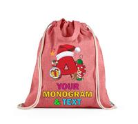 lepni.me Sac à cordon personnalisé avec monogramme de Noël - Sac à dos personnalisé avec lettres de l'alphabet | Cabas unisexe réutilisable (Sac de Cordon Rouge Multicolore)