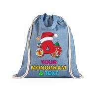 lepni.me Sac à cordon personnalisé avec monogramme de Noël - Sac à dos personnalisé avec lettres de l'alphabet | Cabas unisexe réutilisable (Sac de Cordon Bleu Multicolore)