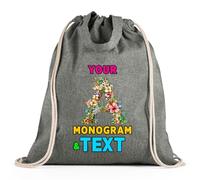 lepni.me Sac à cordon personnalisé avec Monogramme Floral | Design d’initiale Personnalisée avec Prénom ou Mot en option | Sac pour l’école, le sport (Sac de Cordon Noir Multicolore)