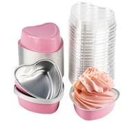 LepoHome Lot de 50 mini moules à gâteau jetables en forme de cœur avec couvercles, 100 ml, en feuille d'aluminium, pour la Saint-Valentin, les fêtes de mariage - Rose