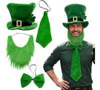 Leprechaun Costum 4 pièces/Ensemble Accessoires de la Saint-Patrick Chapeau Haut de Forme Vert avec nœud, nœud Papillon et Barbe pour Les Vacances Cosplay Party Accessoires la Saint-Patrick