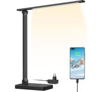 Lepro Lampe de Bureau avec Port USB 655 lm, Lampe Bureau 15W avec Adaptateur, 3 Modes de Couleur et 5 Niveaux de Luminosité Dimmable, Anti-Éblouissement, pour Lecture Travail Manucure - Noir