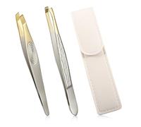 LEPZUR Pince À Épiler 1 Étui Cuir + 2 Pinces Demi-Doré Fileté 9Cm Long Acier Inoxydable Professionnelle Antidérapante Précision Sourcils Écharde Soin Beauté