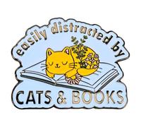 Leraverppy Broche en émail facilement distrait par les chats et les livres - Jolie broche en forme d'animal de compagnie - Cadeau pour lecteur de vers de bibliothèque, étudiants, amis, sac à dos