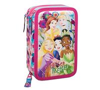 L'ERBAVOGLIO Trousse scolaire 3 fermeture éclair originale avec 44 pièces, Disney Princess (bleu clair/rose), Porte-stylo pour enfants
