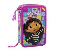 L'ERBAVOGLIO Trousse scolaire 3 fermeture éclair originale avec 44 pièces, Gabby's Dollhouse (fuchsia/arc-en-ciel), Porte-stylo pour enfants