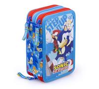 L'ERBAVOGLIO Trousse scolaire 3 fermeture éclair originale avec 44 pièces, S0nic (bleu clair/rouge), Cartoon-themed