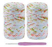 LEREATI 2x400g Fil Tee Shirt pour Crochet, Tshirt Yarn Multicolore avec 1 Crochet, Fil Polyester pour Sac, Paniers, Bricolage, Décoration D'Intérieur (Fleuris Bleu)
