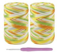 LEREATI 2x400g Fil Tee Shirt pour Crochet, Tshirt Yarn Multicolore avec 1 Crochet, Fil Polyester pour Sac, Paniers, Bricolage, Décoration D'Intérieur (Jaune Vert Blanc)