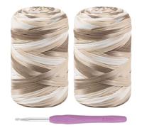 LEREATI 2x400g Fil Tee Shirt pour Crochet, Tshirt Yarn Multicolore avec 1 Crochet, Fil Polyester pour Sac, Paniers, Bricolage, Décoration D'Intérieur (Blanc Kaki)