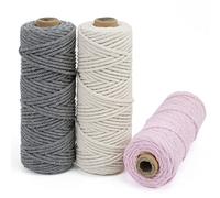 LEREATI 3 Pièces Corde Macramé 3mm x 50m, Fil Macramé Corde Naturelle Coton, 4 Fils Cordon Coton Ficelle Macramé pour Porte Plante Mural, Rideau, Decoration Boheme, Bricolage, Artisanat (3 Couleurs H)