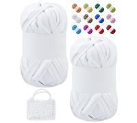 LEREATI Fil Tee Shirt pour Crochet, 2x100g/2x30m Fil Crochet pour Sac, Tshirt Yarn Tissu Métallique Polyester pour Trapilho à Crocheter Sac, Paniers, Bricolage, Artisanat (Blanc)
