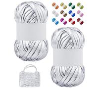 LEREATI Fil Tee Shirt pour Crochet, 2x100g/2x30m Fil Crochet pour Sac, Tshirt Yarn Tissu Métallique Polyester pour Trapilho à Crocheter Sac, Paniers, Bricolage, Artisanat (Argent)