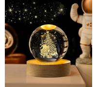 Lergas Décoration de Noël Boule de cristal Veilleuse 3D Gravure laser Boule en verre de 6 cm Lampe avec socle en bois Charge USB Boule à neige Lampe de nuit pour décoration de pièce Beau cadeau (B)