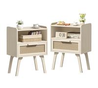 Lerliuo Lot de 2 tables de nuit en rotin, table d'appoint avec tiroir ouvert, table de chevet d'appoint en canne, table de nuit moderne du milieu du siècle pour chambre à coucher, dortoir et petits