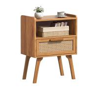 Lerliuo Table de nuit en rotin, table d'appoint avec tiroir ouvert, table de chevet d'appoint en canne avec pieds en bois massif, table de nuit moderne du milieu du siècle pour chambre à coucher