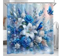 Lerores Rideau de douche 180 x 200 cm - Motif oiseau bleu - Ourlet lesté - Anti-moisissure - Imperméable - Lavable - En polyester - Avec 12 œillets et anneaux de rideau de douche - Pour salle de bain