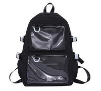 Lerpwige Étudiante japonaise Grande Capacité Nylon Sac à dos Anime Pin Display Itabag Sac d'école avec poche transparente pour Unisexe Nylon PVC Sac d'école, Noir
