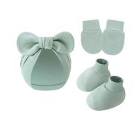 Lerpwige Garçons Filles Coton Capot Casquettes Moufles Chaussettes Set 3 Pièces Gants de Protection Anti-Rayures Bowknot pour Nouveau-Né Coupe Élastique Coton Bonnets Bébé, Vert gris., taille unique